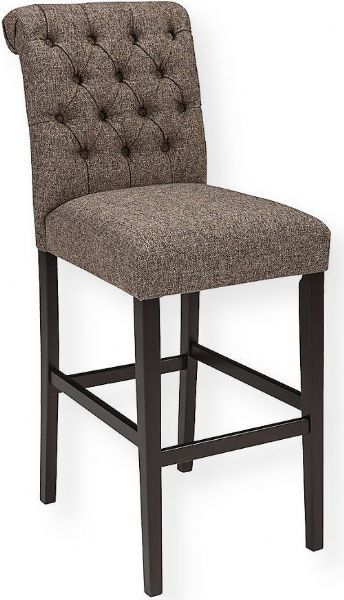 Ashley D530-230 Series Tripton Medium Brown Tall Upholstered Barstool; Seat and back covered in polyester, linen-textured upholstery; Medium brown finish; Wood frame; Assembly required; Product Dimensions 18