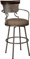 Ashley D608-630 Moriann Series Tall Upholstered Barstool; Stool is made from metal and finished a dark brown brush glazed silver color; The stool has wood cap rail in a dark brown finish, scrolling arms and swivel function; The seat is covered in a dark brown textured fabric; Dimensions 22.00"W x 22.50"D x 44.75"H; Weight 31 lbs; UPC 024052295108 (ASHLEY-D608-630 ASHLEY D608 630 ASHLEY-D608630 ASHLEYD608-630 ASHLEY D608630 ASHLEYD608 630 ASHLEYD608630) 