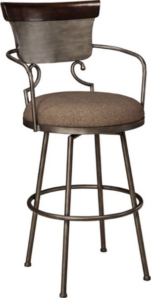 Ashley D608-630 Moriann Series Tall Upholstered Barstool; Stool is made from metal and finished a dark brown brush glazed silver color; The stool has wood cap rail in a dark brown finish, scrolling arms and swivel function; The seat is covered in a dark brown textured fabric; Dimensions 22.00