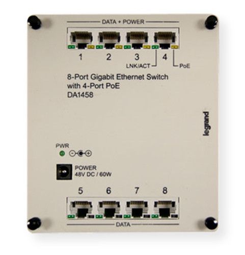 Legrand/OnQ DA1458 8-Port Gigabit Switch with PoE; Gray; High-speed Gigabit connectivity; PoE power up to 15.4 watts for each of the four PoE ports (802.3af); Ideal for use with IP cameras and wireless access points; Auto detect powered device; UPC 804428065043 (DA1458 DA 1458 DA-1458 DA1458-SWITCH LEGRAND-DA1458 ONQ-DA1458)
