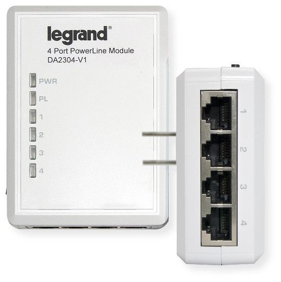 Legrand/OnQ DA2304-V1 Gigabit 4 Port Powerline Adapter; White; 4 Ports and pairs with DA2301-V1 to easily create a home network using existing power cables; Offers speeds of up to 500Mbps; UPC 804428066972 (DA2304V1 DA2304 V1 DA2304-V1 DA2304-V1-ADAPTER LEGRAND-DA2304-V1 ONQ-DA2304-V1)
