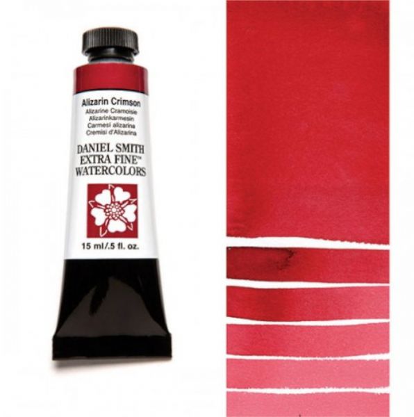 Daniel Smith 284600004 Extra Fine Watercolor 15ml Alizarin Crimson; These paints are a go to for many professional watercolorists, featuring stunning colors; Artists seeking a quality watercolor with a wide array of colors and effects; This line offers Lightfastness, color value, tinting strength, clarity, vibrancy, undertone, particle size, density, viscosity; Dimensions 0.76