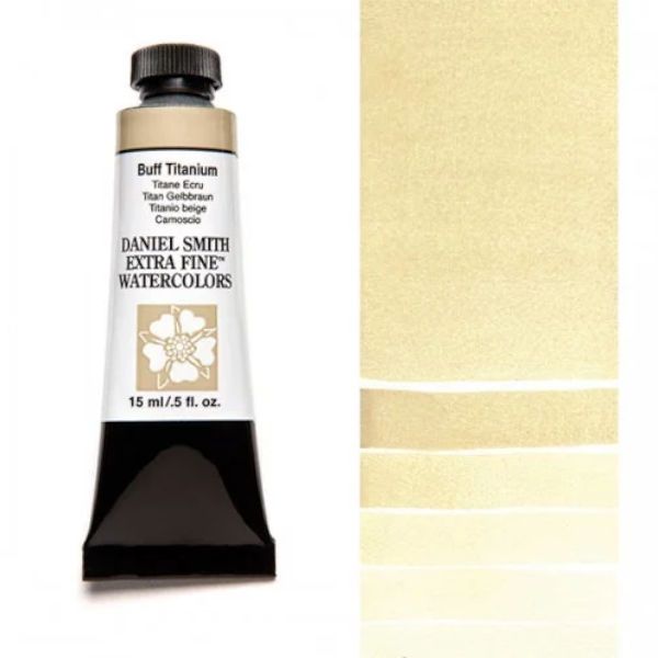 Daniel Smith 284600009 Extra Fine Watercolor 15ml Buff Titanium; These paints are a go to for many professional watercolorists, featuring stunning colors; Artists seeking a quality watercolor with a wide array of colors and effects; This line offers Lightfastness, color value, tinting strength, clarity, vibrancy, undertone, particle size, density, viscosity; Dimensions 0.76