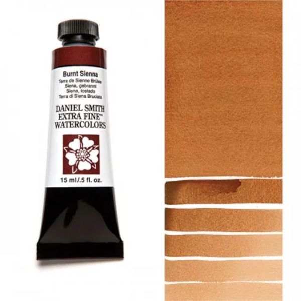 Daniel Smith 284600010 Extra Fine Watercolor 15ml Burnt Sienna; These paints are a go to for many professional watercolorists, featuring stunning colors; Artists seeking a quality watercolor with a wide array of colors and effects; This line offers Lightfastness, color value, tinting strength, clarity, vibrancy, undertone, particle size, density, viscosity; Dimensions 0.76