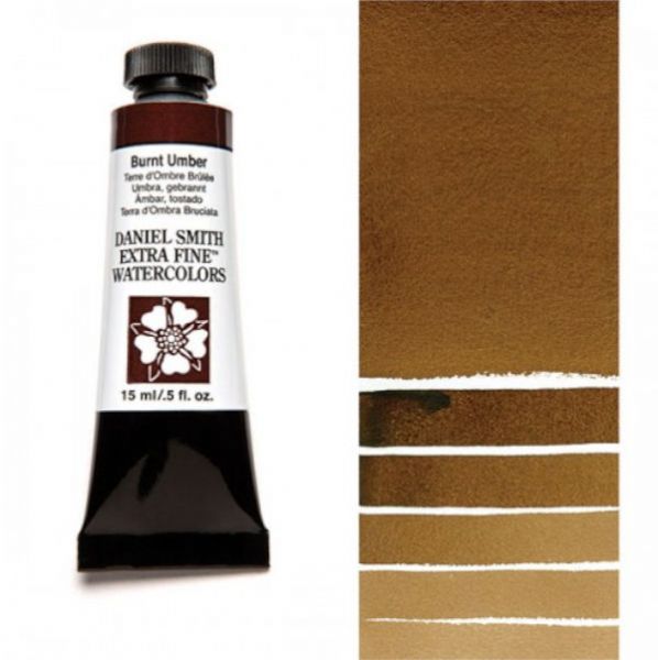 Daniel Smith 284600011 Extra Fine Watercolor 15ml Burnt Umber; These paints are a go to for many professional watercolorists, featuring stunning colors; Artists seeking a quality watercolor with a wide array of colors and effects; This line offers Lightfastness, color value, tinting strength, clarity, vibrancy, undertone, particle size, density, viscosity; Dimensions 0.76