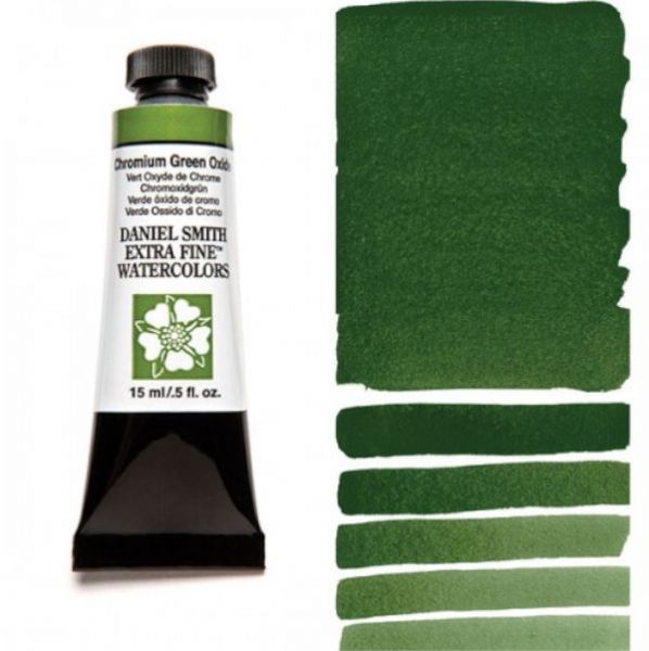 Daniel Smith 284600024 Extra Fine Watercolor 15ml Chromium Green Oxide; These paints are a go to for many professional watercolorists, featuring stunning colors; Artists seeking a quality watercolor with a wide array of colors and effects; This line offers Lightfastness, color value, tinting strength, clarity, vibrancy, undertone, particle size, density, viscosity; Dimensions 0.76