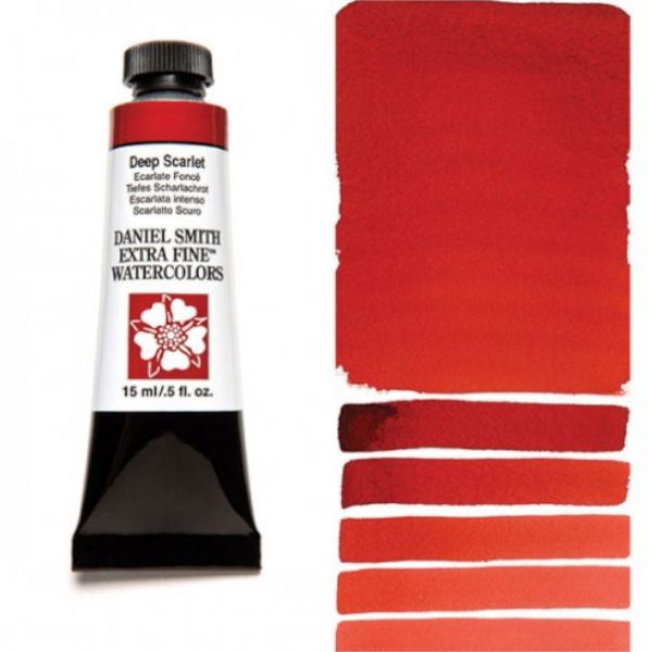 Daniel Smith 284600033 Extra Fine Watercolor 15ml Deep Scarlet; These paints are a go to for many professional watercolorists, featuring stunning colors; Artists seeking a quality watercolor with a wide array of colors and effects; This line offers Lightfastness, color value, tinting strength, clarity, vibrancy, undertone, particle size, density, viscosity; Dimensions 0.76