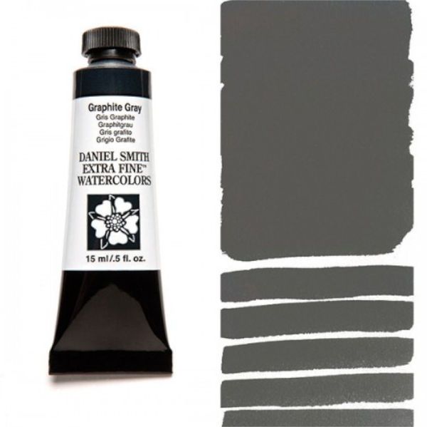 Daniel Smith 284600038 Extra Fine Watercolor 15ml Graphite Gray; These paints are a go to for many professional watercolorists, featuring stunning colors; Artists seeking a quality watercolor with a wide array of colors and effects; This line offers Lightfastness, color value, tinting strength, clarity, vibrancy, undertone, particle size, density, viscosity; Dimensions 0.76