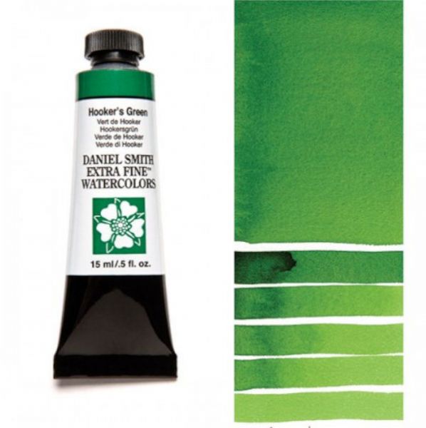 Daniel Smith 284600042 Extra Fine Watercolor 15ml Hooker's Green; These paints are a go to for many professional watercolorists, featuring stunning colors; Artists seeking a quality watercolor with a wide array of colors and effects; This line offers Lightfastness, color value, tinting strength, clarity, vibrancy, undertone, particle size, density, viscosity; Dimensions 0.76