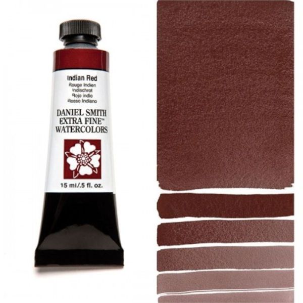 Daniel Smith 284600044 Extra Fine Watercolor 15ml Indian Red; These paints are a go to for many professional watercolorists, featuring stunning colors; Artists seeking a quality watercolor with a wide array of colors and effects; This line offers Lightfastness, color value, tinting strength, clarity, vibrancy, undertone, particle size, density, viscosity; Dimensions 0.76
