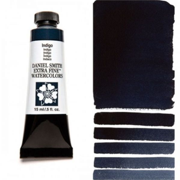 Daniel Smith 284600046 Extra Fine Watercolor 15ml Indigo; These paints are a go to for many professional watercolorists, featuring stunning colors; Artists seeking a quality watercolor with a wide array of colors and effects; This line offers Lightfastness, color value, tinting strength, clarity, vibrancy, undertone, particle size, density, viscosity; Dimensions 0.76