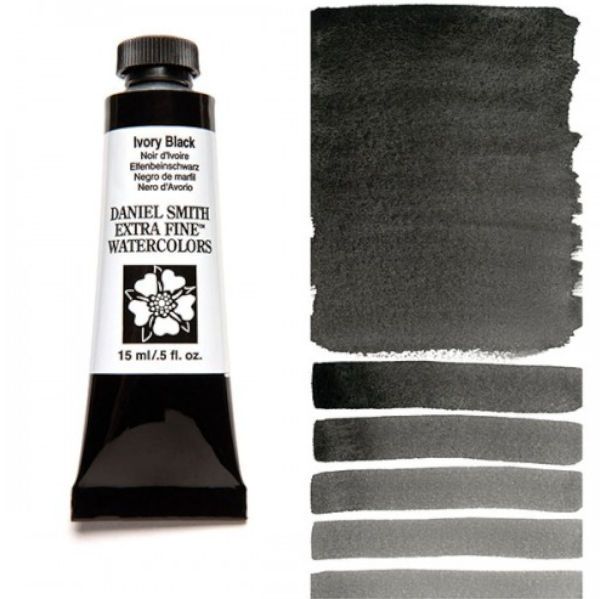 Daniel Smith 284600048 Extra Fine Watercolor 15ml Ivory Black; These paints are a go to for many professional watercolorists, featuring stunning colors; Artists seeking a quality watercolor with a wide array of colors and effects; This line offers Lightfastness, color value, tinting strength, clarity, vibrancy, undertone, particle size, density, viscosity; Dimensions 0.76