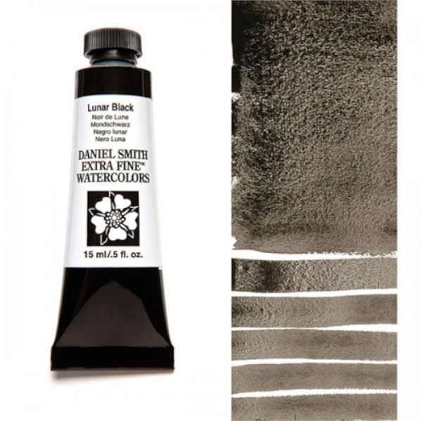 Daniel Smith 284600049 Extra Fine Watercolor 15ml Ivory Black; These paints are a go to for many professional watercolorists, featuring stunning colors; Artists seeking a quality watercolor with a wide array of colors and effects; This line offers Lightfastness, color value, tinting strength, clarity, vibrancy, undertone, particle size, density, viscosity; Dimensions 0.76