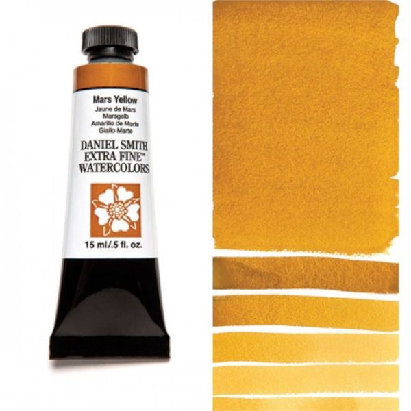 Daniel Smith 284600054 Extra Fine Watercolor 15ml Mars Yellow; These paints are a go to for many professional watercolorists, featuring stunning colors; Artists seeking a quality watercolor with a wide array of colors and effects; This line offers Lightfastness, color value, tinting strength, clarity, vibrancy, undertone, particle size, density, viscosity; Dimensions 0.76