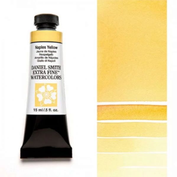 Daniel Smith 284600058 Extra Fine Watercolor 15ml Naples Yellow; These paints are a go to for many professional watercolorists, featuring stunning colors; Artists seeking a quality watercolor with a wide array of colors and effects; This line offers Lightfastness, color value, tinting strength, clarity, vibrancy, undertone, particle size, density, viscosity; Dimensions 0.76