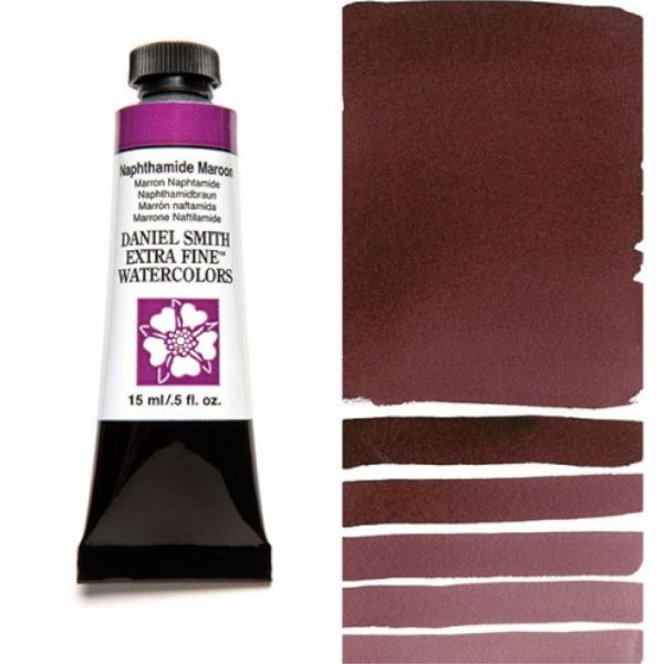 Daniel Smith 284600059 Extra Fine Watercolor 15ml Naphthamide Maroon; These paints are a go to for many professional watercolorists, featuring stunning colors; Artists seeking a quality watercolor with a wide array of colors and effects; This line offers Lightfastness, color value, tinting strength, clarity, vibrancy, undertone, particle size, density, viscosity; Dimensions 0.76