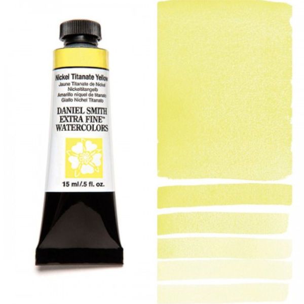 Daniel Smith 284600062 Extra Fine Watercolor 15ml Nickel Titanate Yellow; These paints are a go to for many professional watercolorists, featuring stunning colors; Artists seeking a quality watercolor with a wide array of colors and effects; This line offers Lightfastness, color value, tinting strength, clarity, vibrancy, undertone, particle size, density, viscosity; Dimensions 0.76