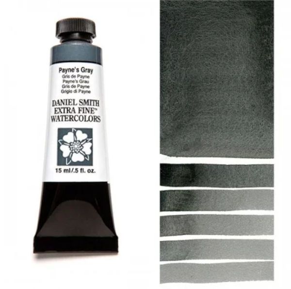 Daniel Smith 284600065 Extra Fine Watercolor 15ml Payne's Gray; These paints are a go to for many professional watercolorists, featuring stunning colors; Artists seeking a quality watercolor with a wide array of colors and effects; This line offers Lightfastness, color value, tinting strength, clarity, vibrancy, undertone, particle size, density, viscosity; Dimensions 0.76