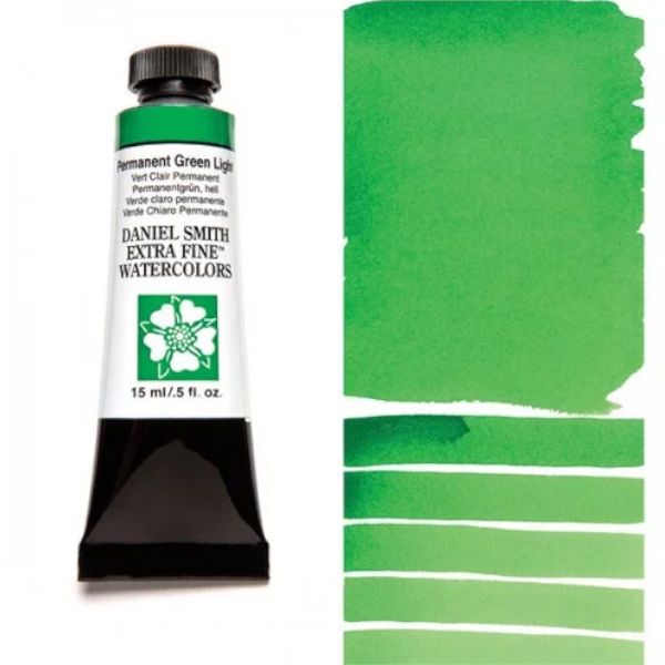Daniel Smith 284600067 Extra Fine Watercolor 15ml Permanent Green Light; These paints are a go to for many professional watercolorists, featuring stunning colors; Artists seeking a quality watercolor with a wide array of colors and effects; This line offers Lightfastness, color value, tinting strength, clarity, vibrancy, undertone, particle size, density, viscosity; Dimensions 0.76
