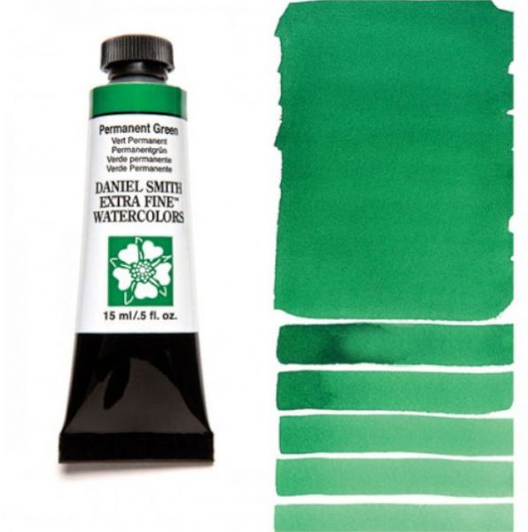 Daniel Smith 284600070 Extra Fine Watercolor 15ml Permanent Green; These paints are a go to for many professional watercolorists, featuring stunning colors; Artists seeking a quality watercolor with a wide array of colors and effects; This line offers Lightfastness, color value, tinting strength, clarity, vibrancy, undertone, particle size, density, viscosity; Dimensions 0.76
