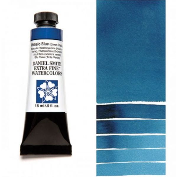 Daniel Smith 284600077 Extra Fine Watercolor 15ml Phthalo Blue GS; These paints are a go to for many professional watercolorists, featuring stunning colors; Artists seeking a quality watercolor with a wide array of colors and effects; This line offers Lightfastness, color value, tinting strength, clarity, vibrancy, undertone, particle size, density, viscosity; Dimensions 0.76