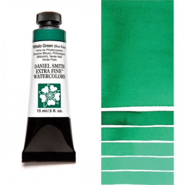Daniel Smith 284600078 Extra Fine Watercolor 15ml Phthalo Green BS; These paints are a go to for many professional watercolorists, featuring stunning colors; Artists seeking a quality watercolor with a wide array of colors and effects; This line offers Lightfastness, color value, tinting strength, clarity, vibrancy, undertone, particle size, density, viscosity; Dimensions 0.76