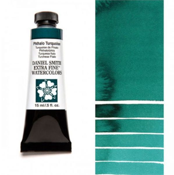 Daniel Smith 284600080 Extra Fine Watercolor 15ml Phthalo Turquoise; These paints are a go to for many professional watercolorists, featuring stunning colors; Artists seeking a quality watercolor with a wide array of colors and effects; This line offers Lightfastness, color value, tinting strength, clarity, vibrancy, undertone, particle size, density, viscosity; Dimensions 0.76