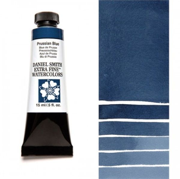 Daniel Smith 284600082 Extra Fine Watercolor 15ml Prussian Blue; These paints are a go to for many professional watercolorists, featuring stunning colors; Artists seeking a quality watercolor with a wide array of colors and effects; This line offers Lightfastness, color value, tinting strength, clarity, vibrancy, undertone, particle size, density, viscosity; Dimensions 0.76