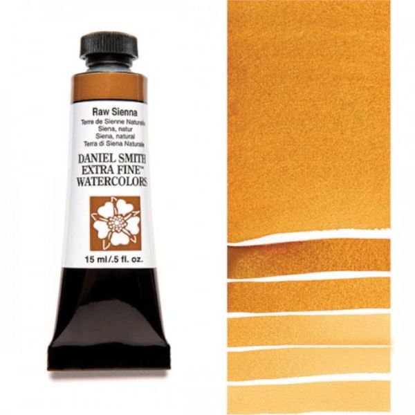 Daniel Smith 284600096 Extra Fine Watercolor 15ml Raw Sienna; These paints are a go to for many professional watercolorists, featuring stunning colors; Artists seeking a quality watercolor with a wide array of colors and effects; This line offers Lightfastness, color value, tinting strength, clarity, vibrancy, undertone, particle size, density, viscosity; Dimensions 0.76