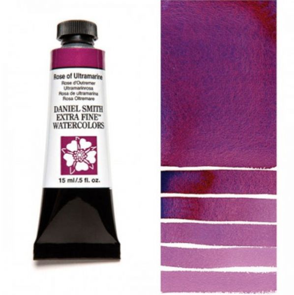 Daniel Smith 284600101 Extra Fine Watercolor 15ml Rose of Ultramarine; These paints are a go to for many professional watercolorists, featuring stunning colors; Artists seeking a quality watercolor with a wide array of colors and effects; This line offers Lightfastness, color value, tinting strength, clarity, vibrancy, undertone, particle size, density, viscosity; Dimensions 0.76