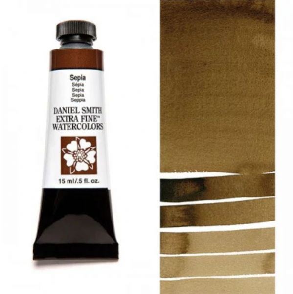 Daniel Smith 284600103 Extra Fine Watercolor 15ml Sepia; These paints are a go to for many professional watercolorists, featuring stunning colors; Artists seeking a quality watercolor with a wide array of colors and effects; This line offers Lightfastness, color value, tinting strength, clarity, vibrancy, undertone, particle size, density, viscosity; Dimensions 0.76
