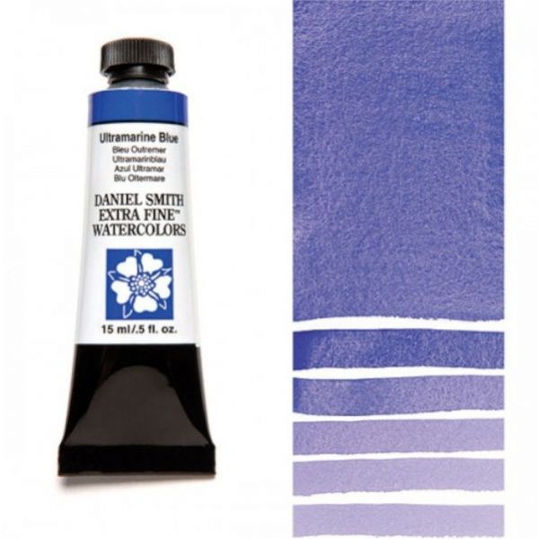 Daniel Smith 284600106 Extra Fine Watercolor 15ml Ultramarine Blue; These paints are a go to for many professional watercolorists, featuring stunning colors; Artists seeking a quality watercolor with a wide array of colors and effects; This line offers Lightfastness, color value, tinting strength, clarity, vibrancy, undertone, particle size, density, viscosity; Dimensions 0.76