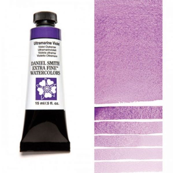 Daniel Smith 284600108 Extra Fine Watercolor 15ml Ultramarine Violet; These paints are a go to for many professional watercolorists, featuring stunning colors; Artists seeking a quality watercolor with a wide array of colors and effects; This line offers Lightfastness, color value, tinting strength, clarity, vibrancy, undertone, particle size, density, viscosity; Dimensions 0.76