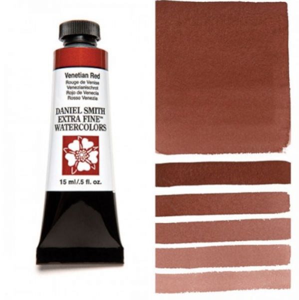 Daniel Smith 284600111 Extra Fine Watercolor 15ml Venetian Red; These paints are a go to for many professional watercolorists, featuring stunning colors; Artists seeking a quality watercolor with a wide array of colors and effects; This line offers Lightfastness, color value, tinting strength, clarity, vibrancy, undertone, particle size, density, viscosity; Dimensions 0.76