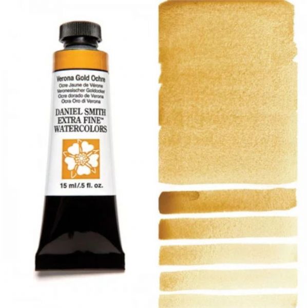 Daniel Smith 284600123 Extra Fine Watercolor 15ml Verona Gold Ochre; These paints are a go to for many professional watercolorists, featuring stunning colors; Artists seeking a quality watercolor with a wide array of colors and effects; This line offers Lightfastness, color value, tinting strength, clarity, vibrancy, undertone, particle size, density, viscosity; Dimensions 0.76