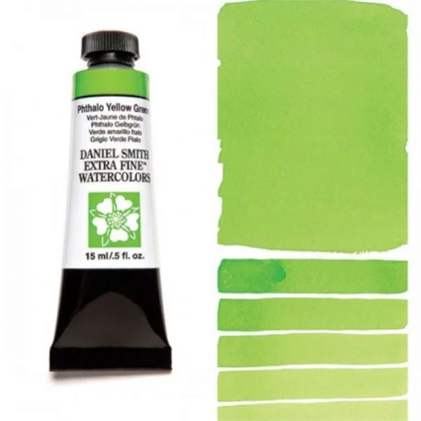 Daniel Smith 284600124 Extra Fine Watercolor 15ml Phthalo Yellow Green; These paints are a go to for many professional watercolorists, featuring stunning colors; Artists seeking a quality watercolor with a wide array of colors and effects; This line offers Lightfastness, color value, tinting strength, clarity, vibrancy, undertone, particle size, density, viscosity; Dimensions 0.76