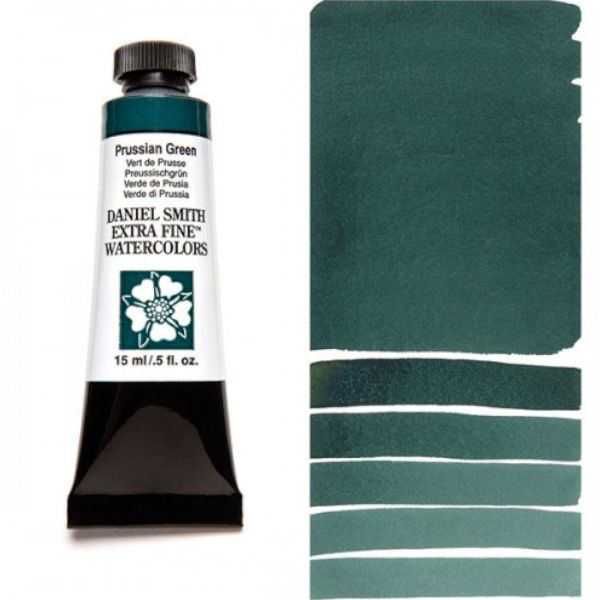 Daniel Smith 284600128 Extra Fine Watercolor 15ml Prussian Green; These paints are a go to for many professional watercolorists, featuring stunning colors; Artists seeking a quality watercolor with a wide array of colors and effects; This line offers Lightfastness, color value, tinting strength, clarity, vibrancy, undertone, particle size, density, viscosity; Dimensions 0.76