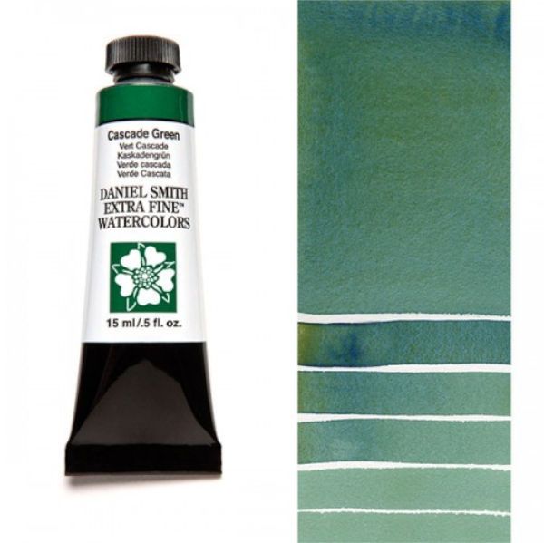 Daniel Smith 284600142 Extra Fine Watercolor 15ml Cascade Green; These paints are a go to for many professional watercolorists, featuring stunning colors; Artists seeking a quality watercolor with a wide array of colors and effects; This line offers Lightfastness, color value, tinting strength, clarity, vibrancy, undertone, particle size, density, viscosity; Dimensions 0.76