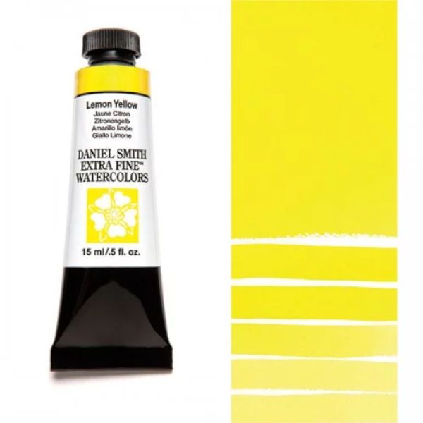 Daniel Smith 284600165 Extra Fine Watercolor 15ml Lemon Yellow; These paints are a go to for many professional watercolorists, featuring stunning colors; Artists seeking a quality watercolor with a wide array of colors and effects; This line offers Lightfastness, color value, tinting strength, clarity, vibrancy, undertone, particle size, density, viscosity; Dimensions 0.76