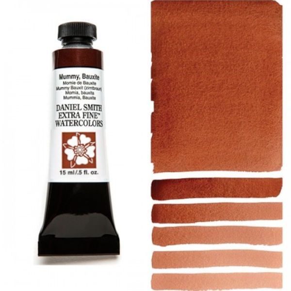 Daniel Smith 284600166 Extra Fine Watercolor 15ml Mummy Bauxite; These paints are a go to for many professional watercolorists, featuring stunning colors; Artists seeking a quality watercolor with a wide array of colors and effects; This line offers Lightfastness, color value, tinting strength, clarity, vibrancy, undertone, particle size, density, viscosity; Dimensions 0.76
