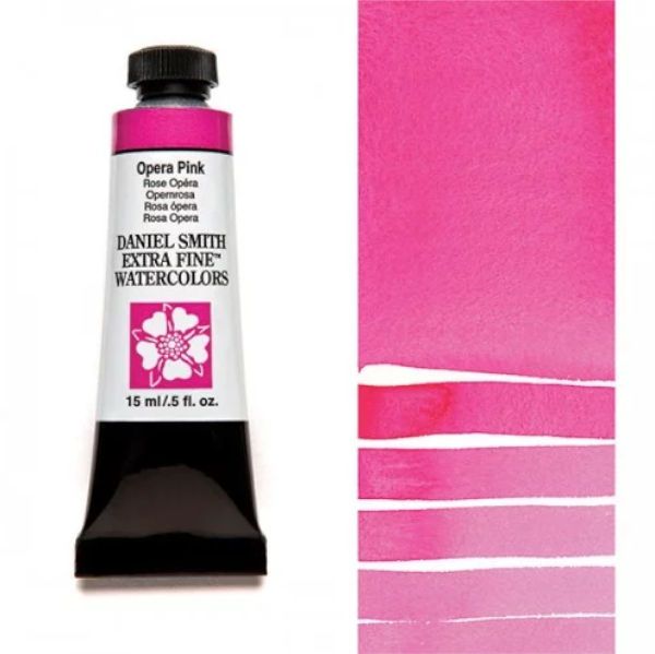 Daniel Smith 284600198 Extra Fine Watercolor 15ml Opera Pink; These paints are a go to for many professional watercolorists, featuring stunning colors; Artists seeking a quality watercolor with a wide array of colors and effects; This line offers Lightfastness, color value, tinting strength, clarity, vibrancy, undertone, particle size, density, viscosity; Dimensions 0.76