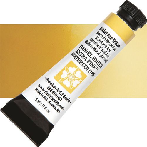 Daniel Smith 284610061 Extra Fine, Watercolor 5ml Nickel Azo Yellow; Highly pigmented and finely ground watercolors made by hand in the USA; Extra fine watercolors produce clean washes, even layers, and also possess superior lightfastness properties; UPC 743162032181 (DANIELSMITH284610061 DANIEL SMITH 284610061 ALVIN WATERCOLOR NICKEL AZO YELLOW)