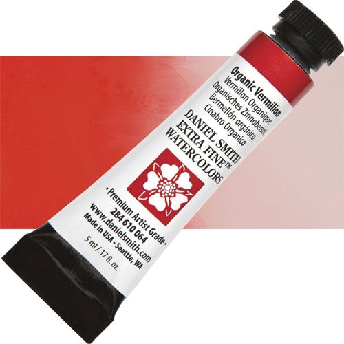 Daniel Smith 284610064 Extra Fine, Watercolor 5ml Organic Vermilion; Highly pigmented and finely ground watercolors made by hand in the USA; Extra fine watercolors produce clean washes, even layers, and also possess superior lightfastness properties; UPC 743162032198 (DANIELSMITH284610064 DANIEL SMITH 284610064 ALVIN WATERCOLOR ORGANIC VERMILION)