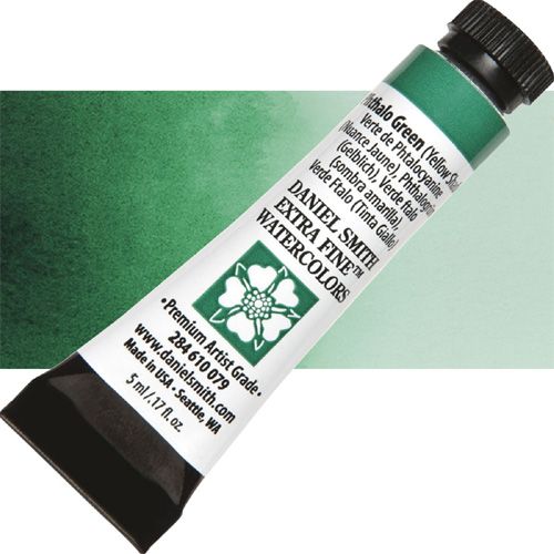 Daniel Smith 284610079 Extra Fine, Watercolor 5ml Phthalo Green Yellow Shade; Highly pigmented and finely ground watercolors made by hand in the USA; Extra fine watercolors produce clean washes, even layers, and also possess superior lightfastness properties; UPC 743162032235 (DANIELSMITH284610079 DANIEL SMITH 284610079 ALVIN WATERCOLOR PHTHALO GREEN YELLOW SHADE)