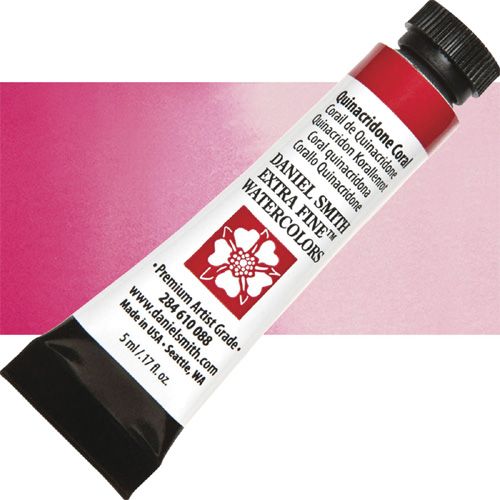Daniel Smith 284610088 Extra Fine, Watercolor 5ml Quinacridone Coral; Highly pigmented and finely ground watercolors made by hand in the USA; Extra fine watercolors produce clean washes, even layers, and also possess superior lightfastness properties; UPC 743162032297 (DANIELSMITH284610088 DANIEL SMITH 284610088 ALVIN WATERCOLOR QUINACRIDONE CORAL)