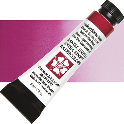 Daniel Smith 284610092 Extra Fine, Watercolor 5ml Quinacridone Rose; Highly pigmented and finely ground watercolors made by hand in the USA; Extra fine watercolors produce clean washes, even layers, and also possess superior lightfastness properties; UPC 743162031832 (DANIELSMITH284610092 DANIEL SMITH 284610092 ALVIN WATERCOLOR QUINACRIDONE ROSE)