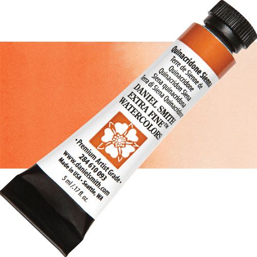 Daniel Smith 284610093 Extra Fine, Watercolor 5ml Quinacridone Sienna; Highly pigmented and finely ground watercolors made by hand in the USA; Extra fine watercolors produce clean washes, even layers, and also possess superior lightfastness properties; UPC 743162032334 (DANIELSMITH284610093 DANIEL SMITH 284610093 ALVIN WATERCOLOR QUINACRIDONE SIENNA)