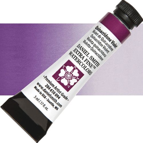 Daniel Smith 284610094 Extra Fine, Watercolor 5ml Quinacridone Violet; Highly pigmented and finely ground watercolors made by hand in the USA; Extra fine watercolors produce clean washes, even layers, and also possess superior lightfastness properties; UPC 743162032341 (DANIELSMITH284610094 DANIEL SMITH 284610094 ALVIN WATERCOLOR QUINACRIDONE VIOLET)