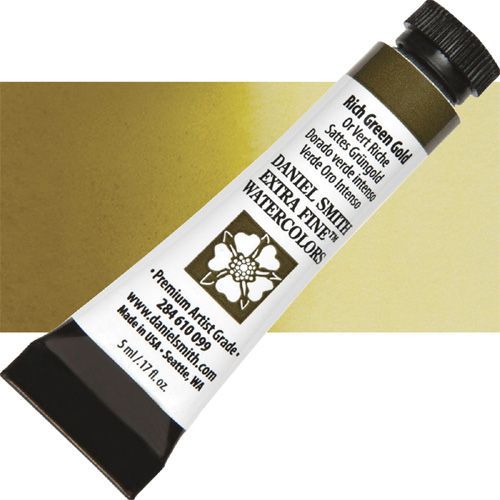 Daniel Smith 284610099 Extra Fine, Watercolor 5ml Rich Green Gold; Highly pigmented and finely ground watercolors made by hand in the USA; Extra fine watercolors produce clean washes, even layers, and also possess superior lightfastness properties; UPC 743162032389 (DANIELSMITH284610099 DANIEL SMITH 284610099 ALVIN WATERCOLOR RICH GREEN GOLD)