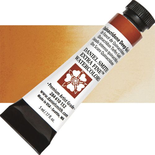 Daniel Smith 284610152 Extra Fine, Watercolor 5ml Quinacridone Deep Gold; Highly pigmented and finely ground watercolors made by hand in the USA; Extra fine watercolors produce clean washes, even layers, and also possess superior lightfastness properties; UPC 743162032532 (DANIELSMITH284610152 DANIEL SMITH 284610152 ALVIN WATERCOLOR QUINACRIDRONE DEEP GOLD)